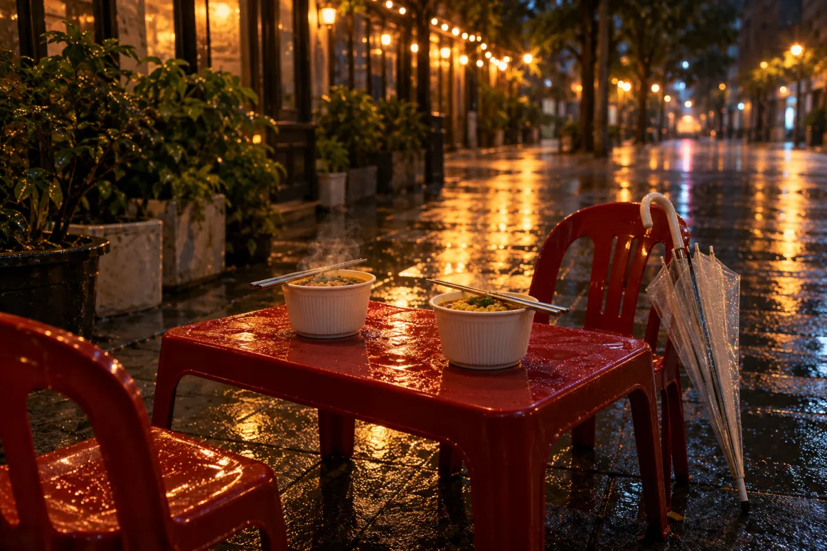 Rainy night table with two cups of noodles and an umbrella, like a classic K-drama convenience store scene