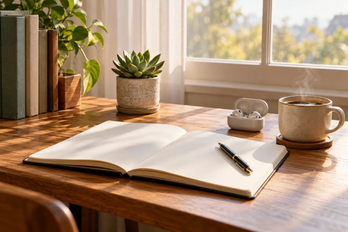 Morning study desk with a blank notebook, earbuds and coffee for a daily Korean review routine